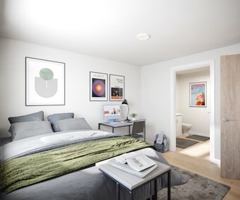 Exterior view of 805 Riverfront in Sacramento at Twilight