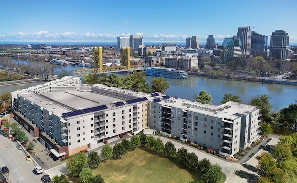 Aerial view of 805 Riverfront overlooking Sacramento skyline